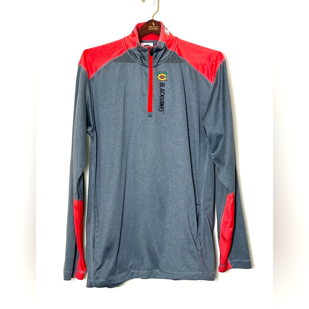 Chicago Blackhawks 1/4 Zip Pullover Men’s Large Gray Red Logo Pockets NHL Hockey